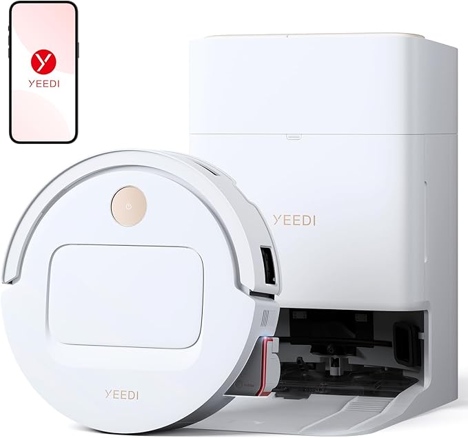Yeedi M14 Plus Robot Vacuum and Mop with All-in-One Station, 18000Pa, OZMO Roller Instant Self-Washing Mopping, 167â Hot Water Mop Washing & Self-Drying, ZeroTangle 3.0, Self-Emptying, White