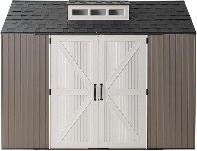 Rubbermaid Extra Large Resin Outdoor Storage Shed With Floor (7 x 10.5 Ft.) Weather Resistant Brown Organization for Home/Lawn Mower/Backyard Equipment/Bike Storage/Pool Supplies