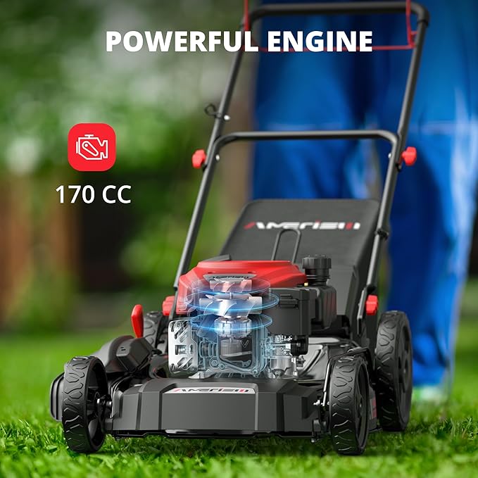 21" Gas Lawn Mower, Self-propelled Lawn Mower 3-in-1, 170cc OHV Engine with Forced Air Cooling, 6 Cutting Heights, 1.4-Bushel Grass Catcher