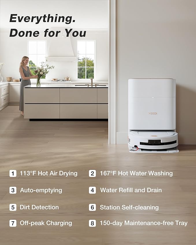 Yeedi M14 Plus Robot Vacuum and Mop with All-in-One Station, 18000Pa, OZMO Roller Instant Self-Washing Mopping, 167â Hot Water Mop Washing & Self-Drying, ZeroTangle 3.0, Self-Emptying, White