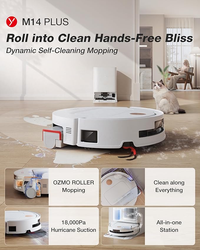 Yeedi M14 Plus Robot Vacuum and Mop with All-in-One Station, 18000Pa, OZMO Roller Instant Self-Washing Mopping, 167â Hot Water Mop Washing & Self-Drying, ZeroTangle 3.0, Self-Emptying, White