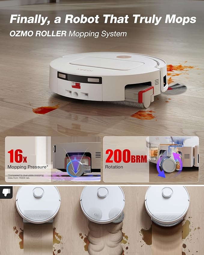 Yeedi M14 Plus Robot Vacuum and Mop with All-in-One Station, 18000Pa, OZMO Roller Instant Self-Washing Mopping, 167â Hot Water Mop Washing & Self-Drying, ZeroTangle 3.0, Self-Emptying, White