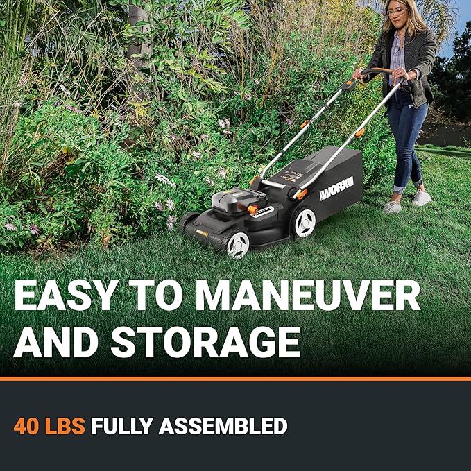 WORX 40V 17'' Cordless Lawn Mower for Medium Size Yards, 2-in-1 Electric Mower Cuts to Edge, Compact & Lightweight Push Lawn Mower with 6-Position Height Adjustment – 2 Batteries & Charger Included